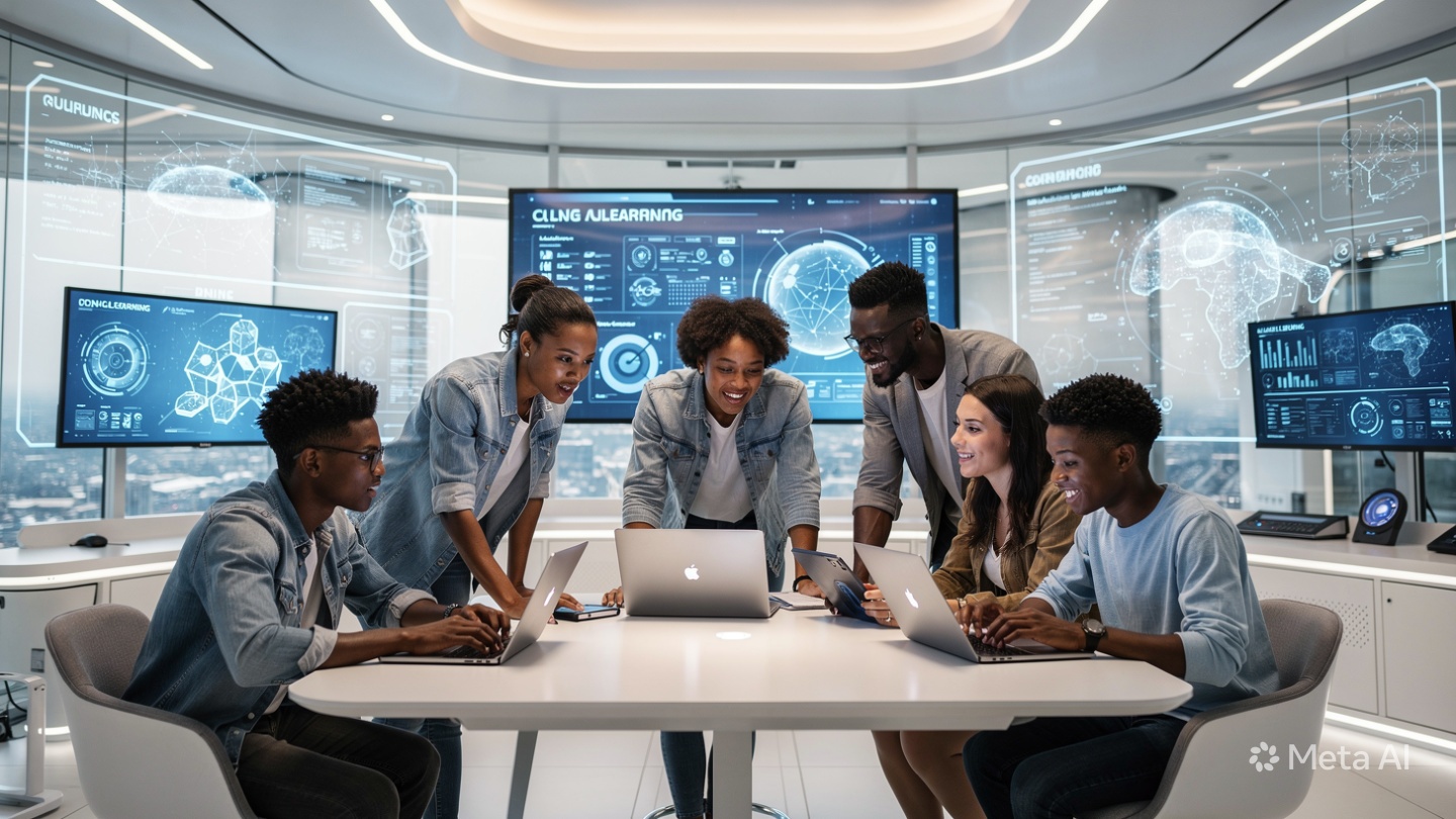 Students collaborating in a futuristic AI learning studio